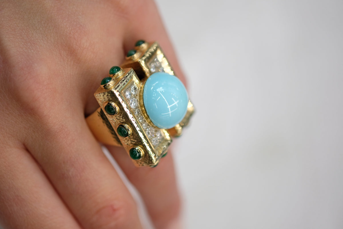 David Webb Platinum & 18K Yellow Gold Turquoise Diamond Emerald Oversized Ring — view 8 — Laura Milman New York