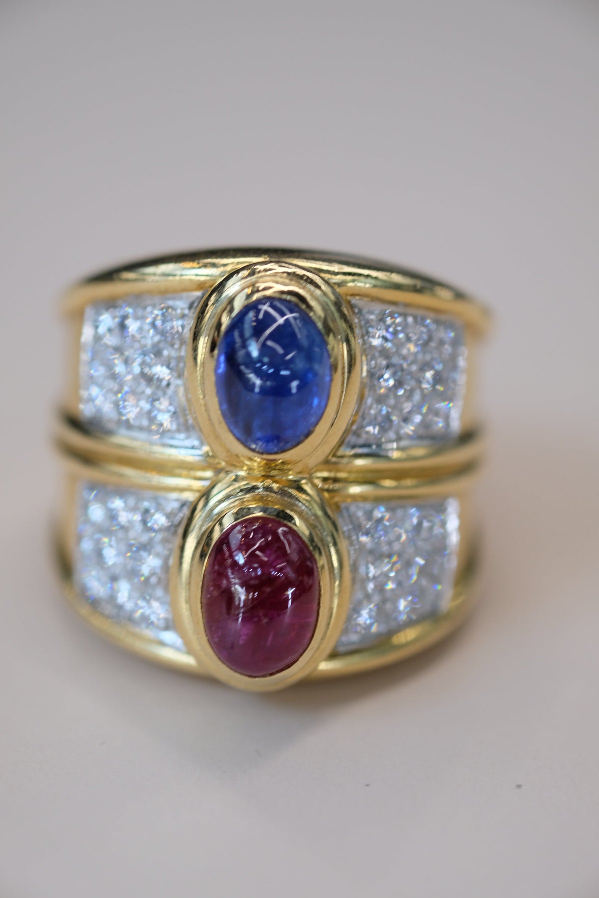 David Webb Platinum & 18K Yellow Gold Diamond Sapphire And Ruby Ring — view 8 — Laura Milman New York