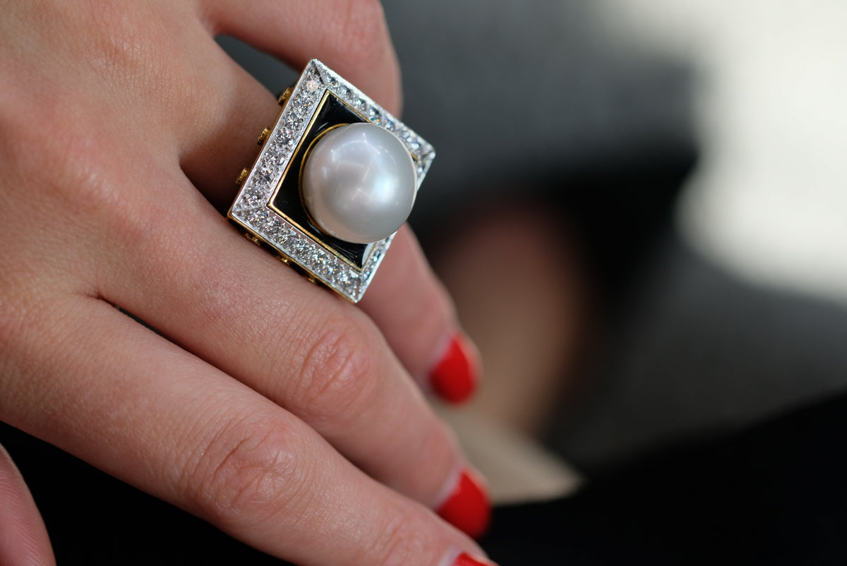 David Webb Platinum & 18K Yellow Gold Black Enamel, Pearl And Diamond Ring — view 8 — Laura Milman New York