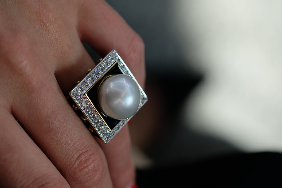 David Webb Platinum & 18K Yellow Gold Black Enamel, Pearl And Diamond Ring — view 7 — Laura Milman New York