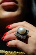 David Webb Platinum & 18K Yellow Gold Black Enamel, Pearl And Diamond Ring view 6