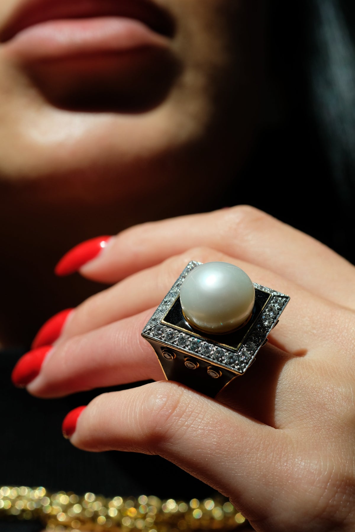 David Webb Platinum & 18K Yellow Gold Black Enamel, Pearl And Diamond Ring — view 6 — Laura Milman New York