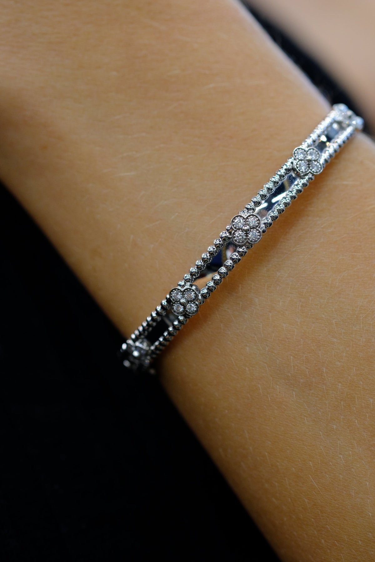 Van Cleef & Arpels 18K White Gold Perlee Clover Diamond Size S Bracelet — view 7 — Laura Milman New York