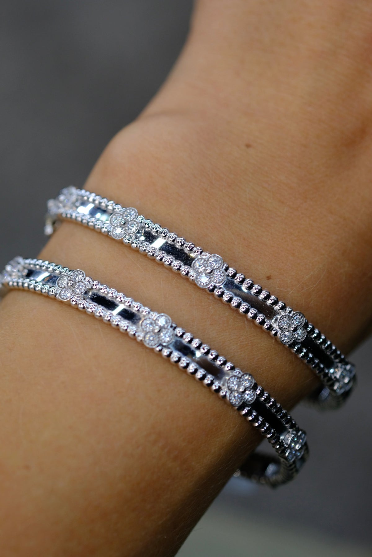 Van Cleef & Arpels 18K White Gold Perlee Clover Diamond Size S Bracelet — view 10 — Laura Milman New York