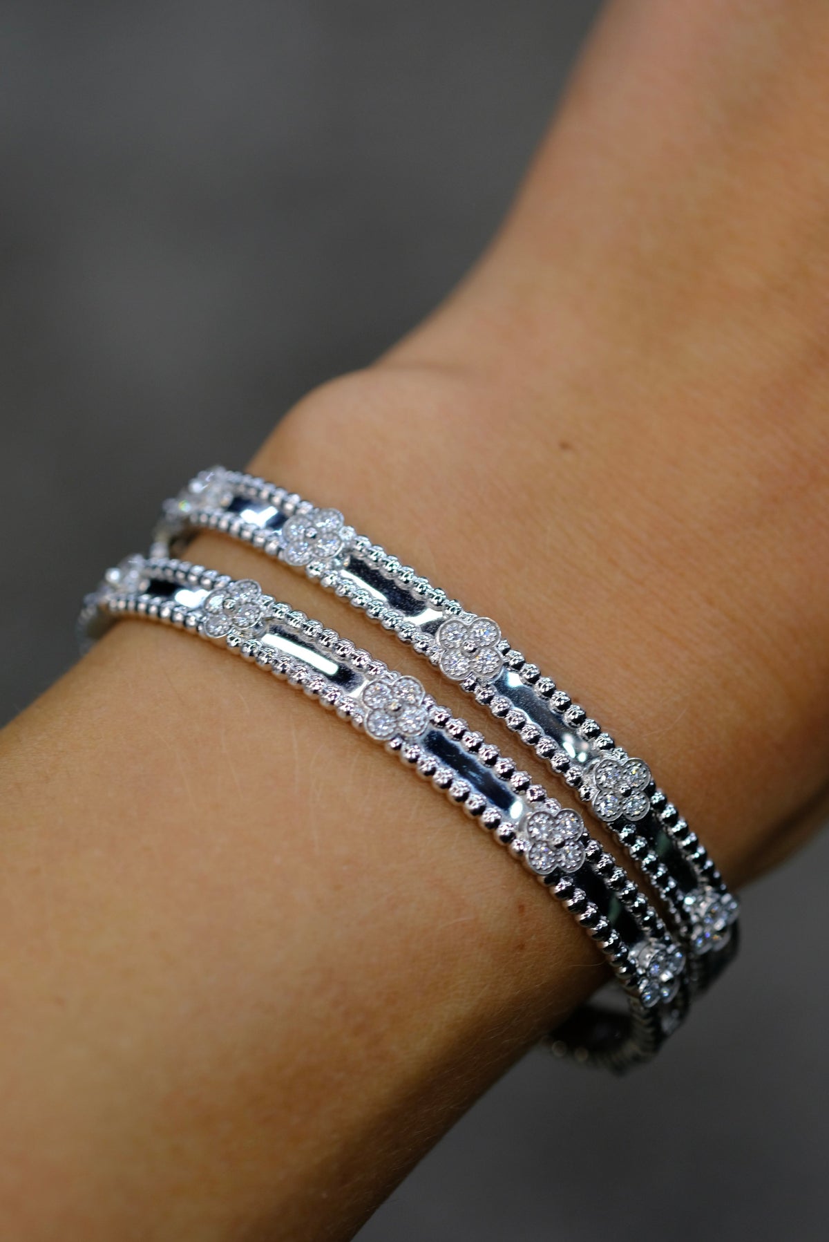 Van Cleef & Arpels 18K White Gold Perlee Clover Diamond Size S Bracelet — view 11 — Laura Milman New York