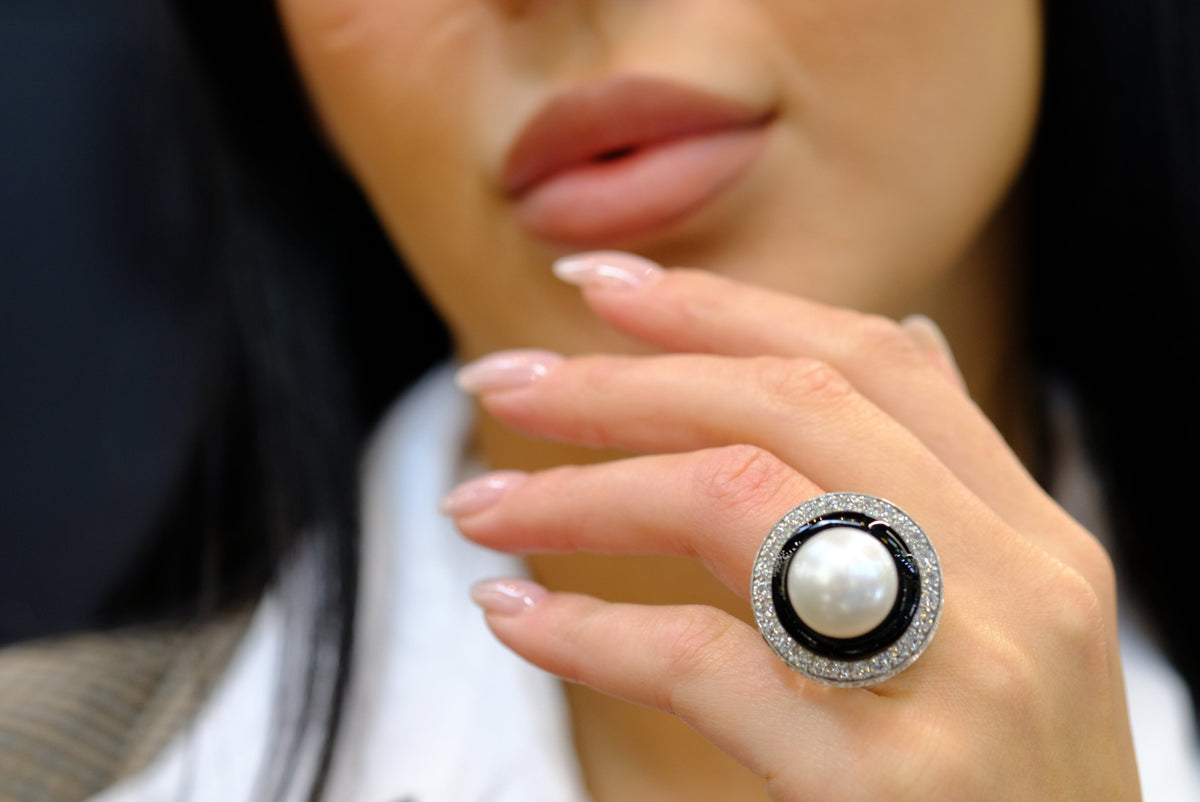 David Webb Platinum & 18K White Gold Rock Crystal, Diamonds, Black Enamel, Pearl Ring — view 5 — Laura Milman New York