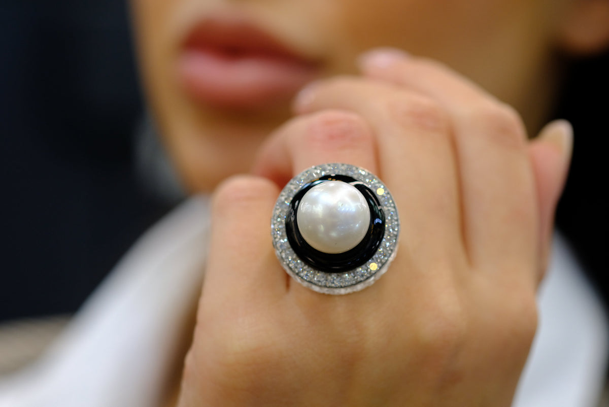 David Webb Platinum & 18K White Gold Rock Crystal, Diamonds, Black Enamel, Pearl Ring — view 6 — Laura Milman New York