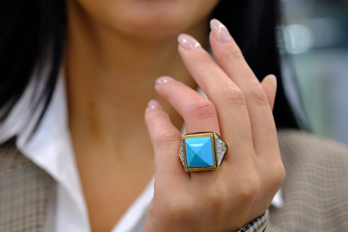 David Webb Platinum & 18K Yellow Gold Summit Turquoise And Diamond Ring — view 7 — Laura Milman New York