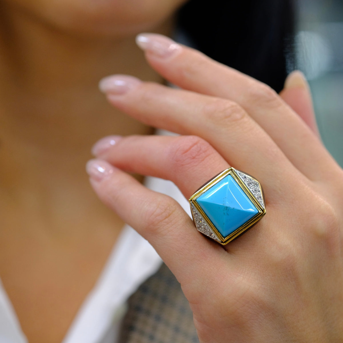 David Webb Platinum & 18K Yellow Gold Summit Turquoise And Diamond Ring — view 6 — Laura Milman New York