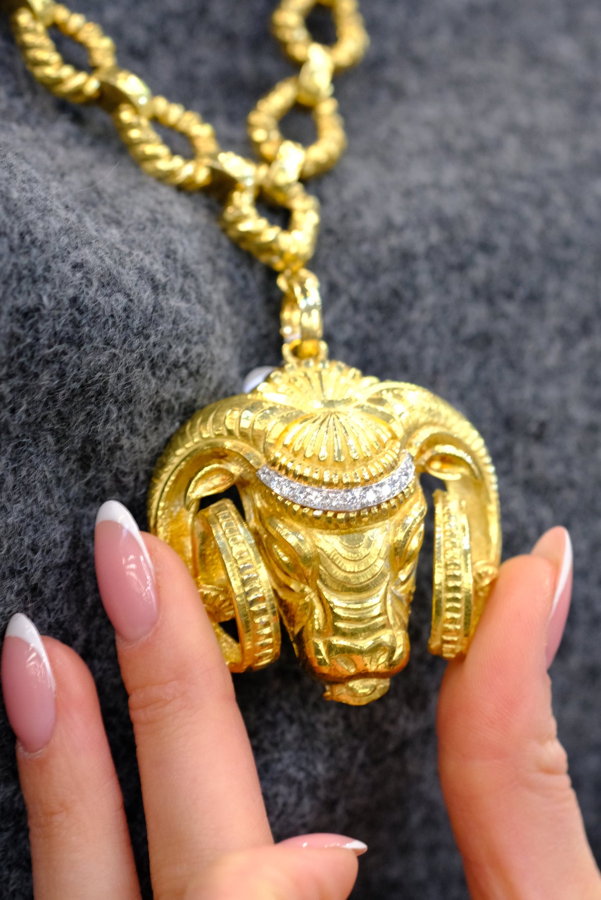 David Webb Platinum & 18K Yellow Gold Ram Diamond Head Brooch — view 8 — Laura Milman New York