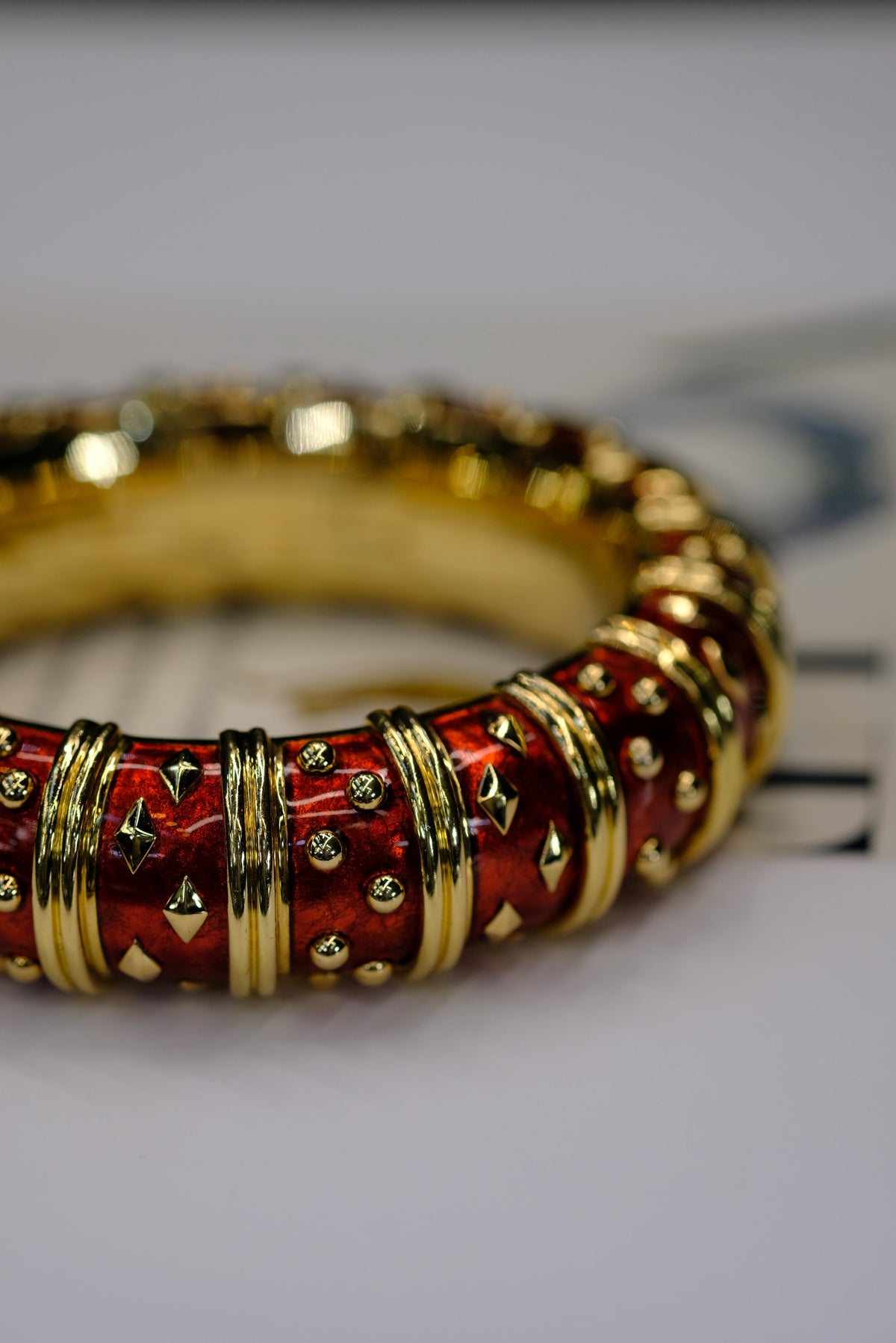 Tiffany & Co. Schlumberger 18K Yellow Gold Dot Losange Red Enamel Bangle Bracelet — view 6 — Laura Milman New York