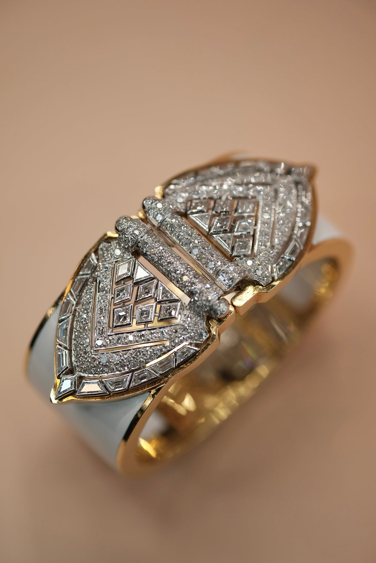 David Webb Platinum & 18K Yellow Gold White Enamel Shield Diamond Clips Cuff Bracelet — view 11 — Laura Milman New York