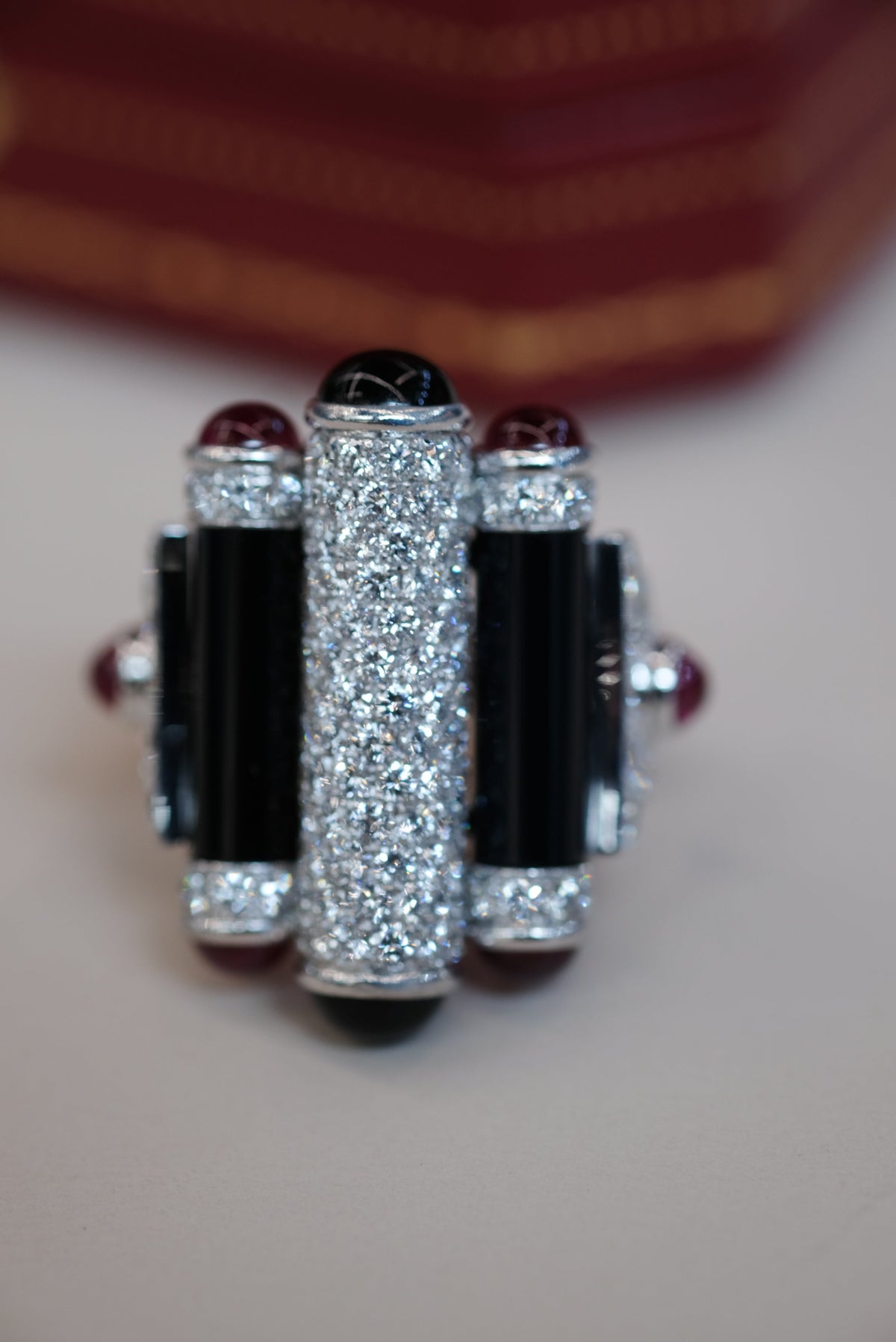 Cartier Rouleaux 18K White Gold Onyx, Ruby And Diamond Ring — view 9 — Laura Milman New York