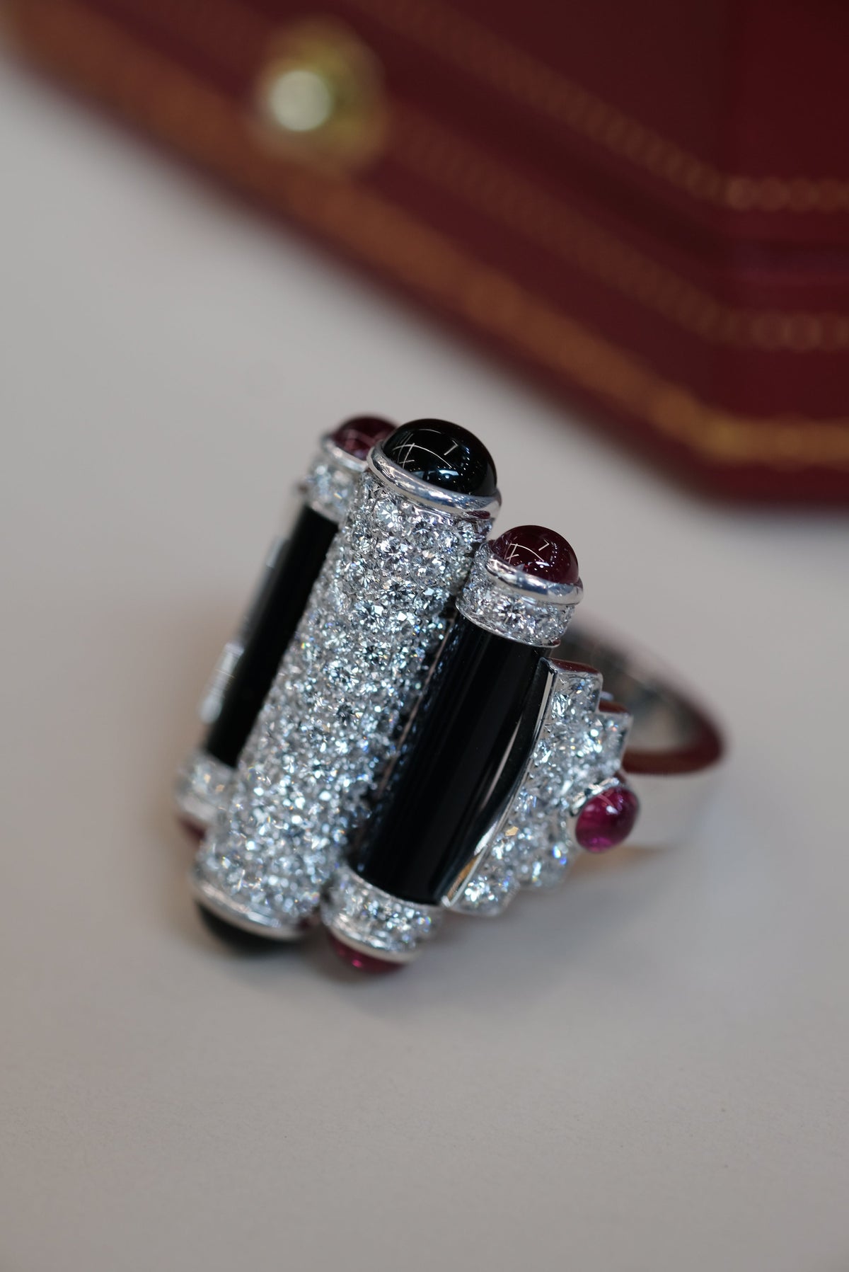 Cartier Rouleaux 18K White Gold Onyx, Ruby And Diamond Ring — view 10 — Laura Milman New York