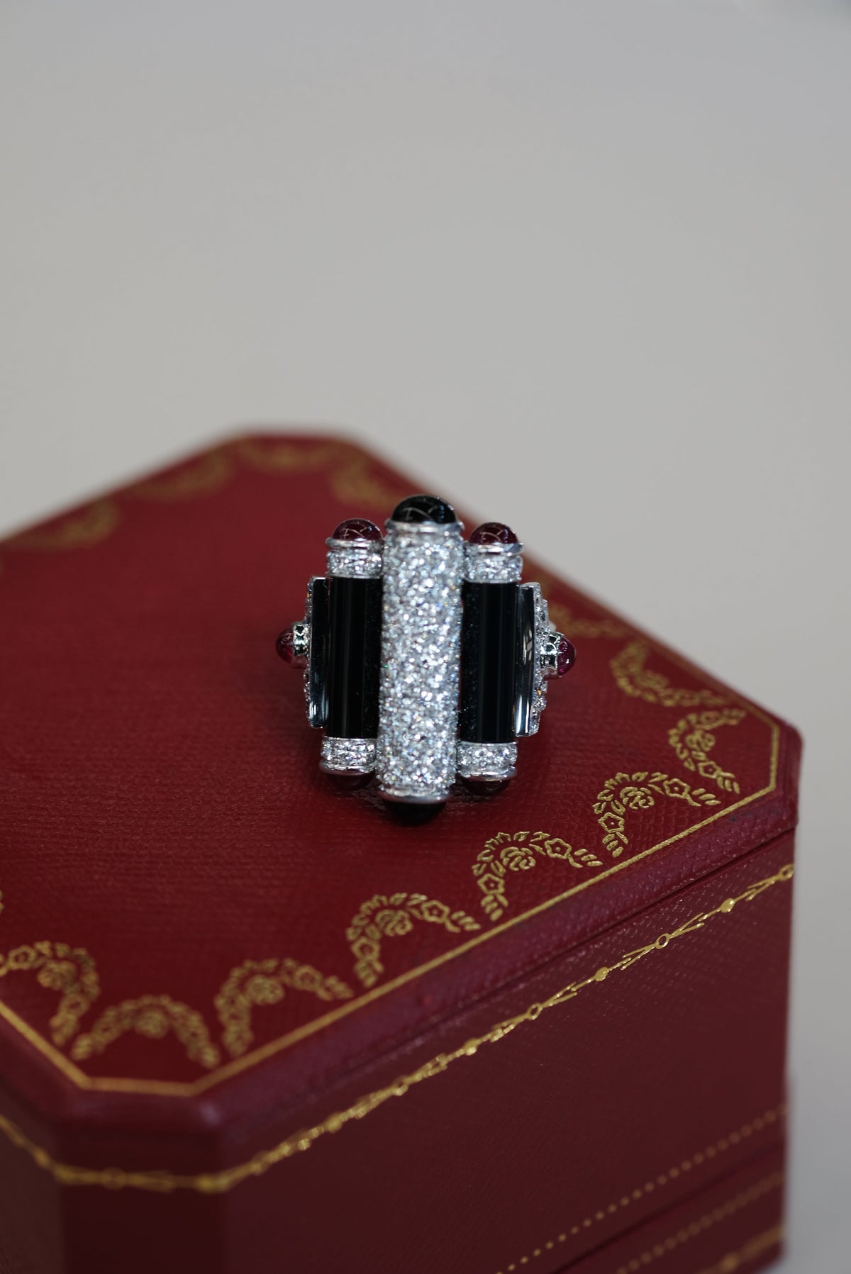 Cartier Rouleaux 18K White Gold Onyx, Ruby And Diamond Ring — view 11 — Laura Milman New York