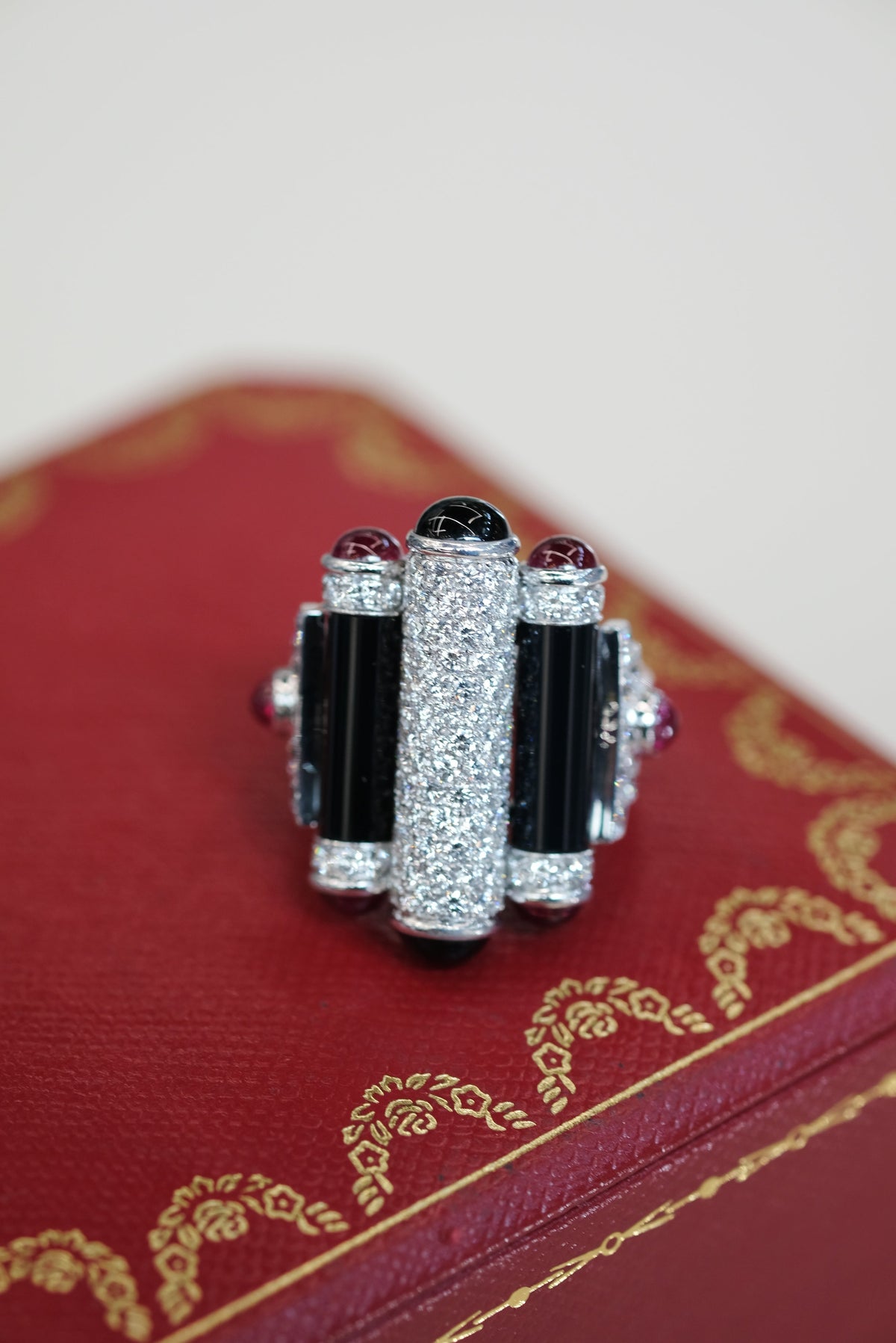 Cartier Rouleaux 18K White Gold Onyx, Ruby And Diamond Ring — view 12 — Laura Milman New York