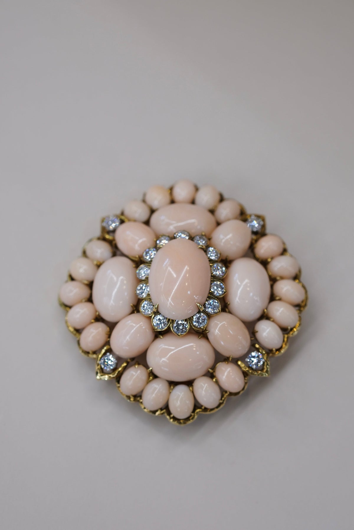 David Webb 18K Yellow Gold Pink Coral Cluster And Diamond Brooch — view 6 — Laura Milman New York