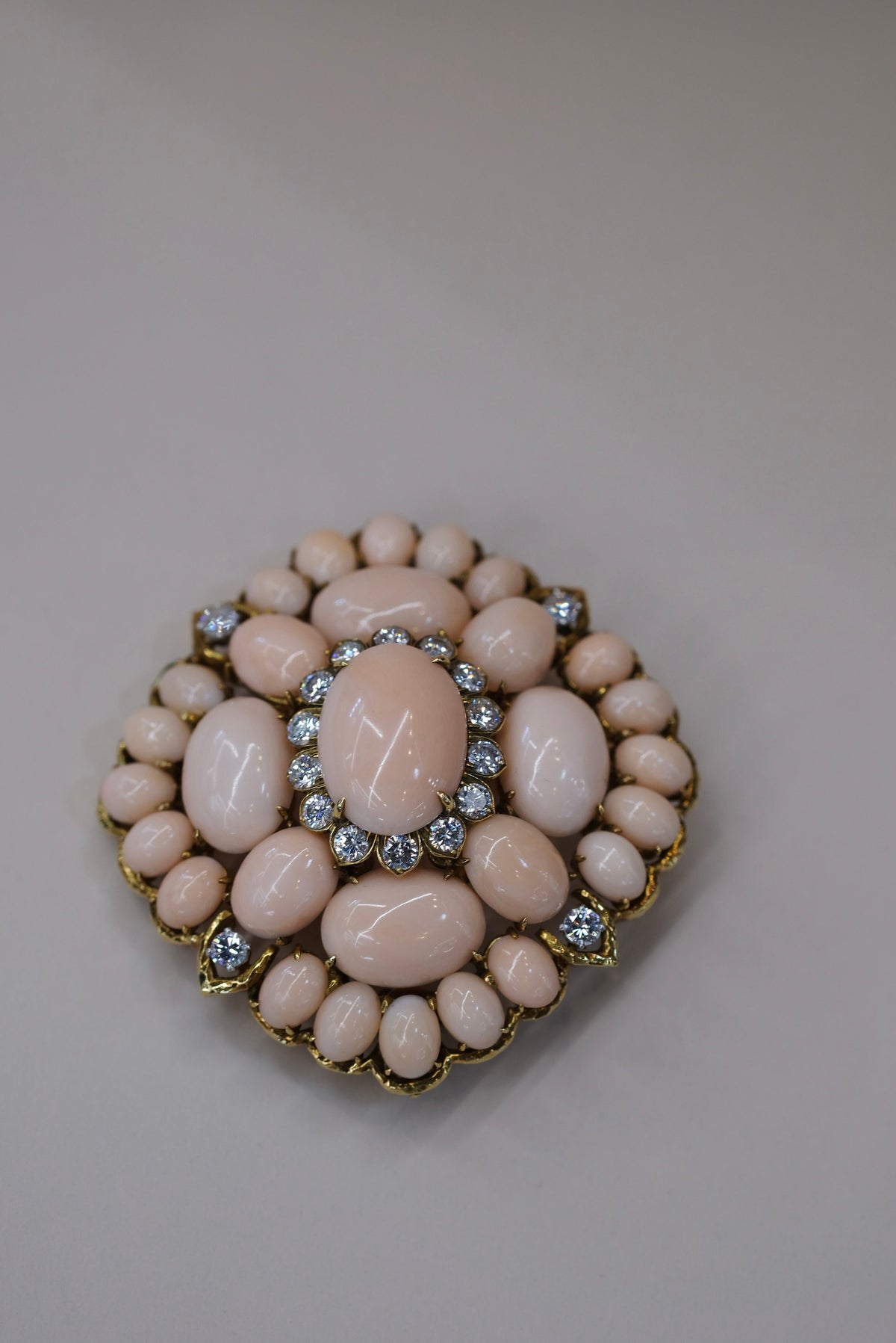 David Webb 18K Yellow Gold Pink Coral Cluster And Diamond Brooch — view 7 — Laura Milman New York