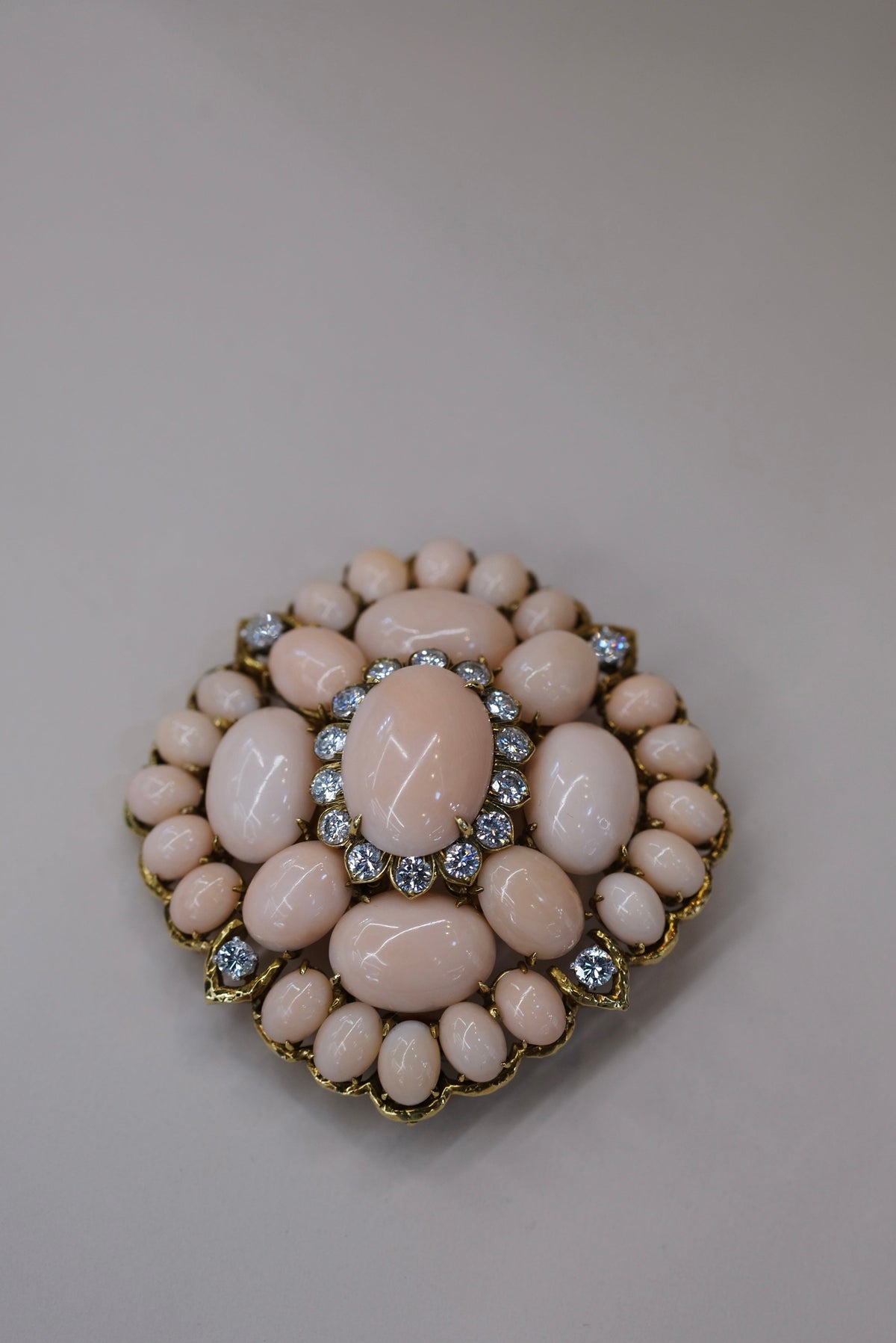 David Webb 18K Yellow Gold Pink Coral Cluster And Diamond Brooch — view 8 — Laura Milman New York