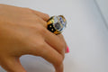David Webb Platinum & 18K Yellow Gold Rock Crystal Black Enamel Diamond Ring view 6