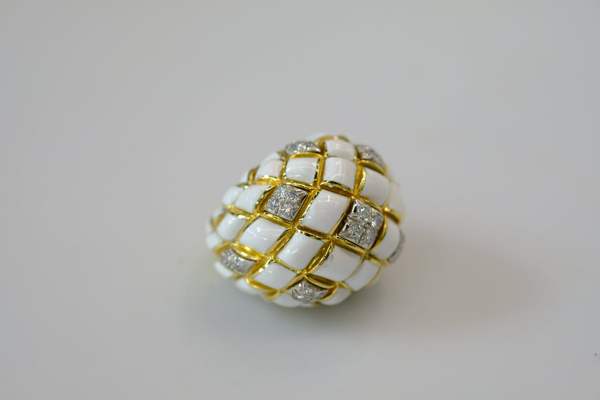 David Webb Platinum & 18K Yellow Gold White Enamel Dome Ring — view 7 — Laura Milman New York