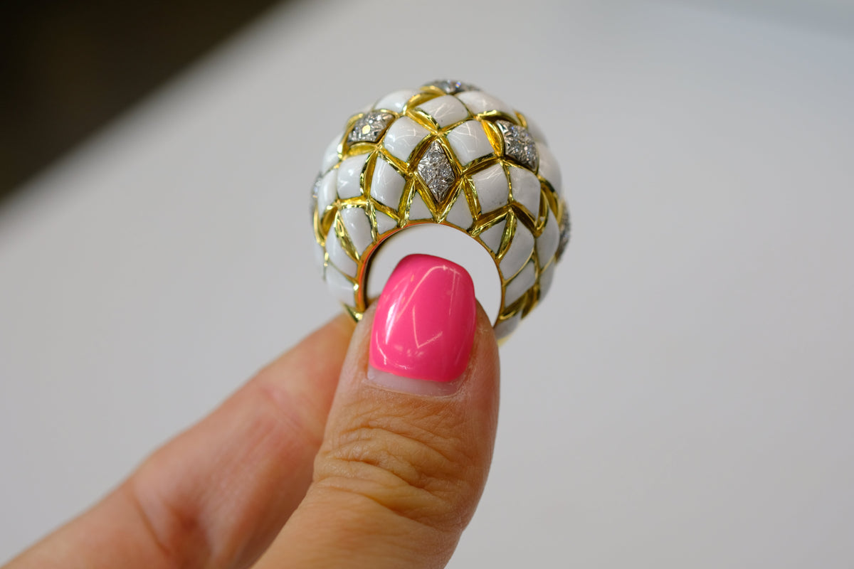David Webb Platinum & 18K Yellow Gold White Enamel Dome Ring — view 6 — Laura Milman New York