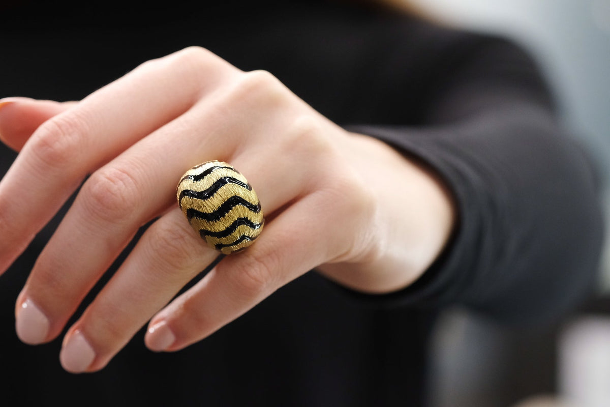 David Webb 18K Yellow Gold 1970's Tiger Stripe Black Enamel Dome Ring — view 5 — Laura Milman New York