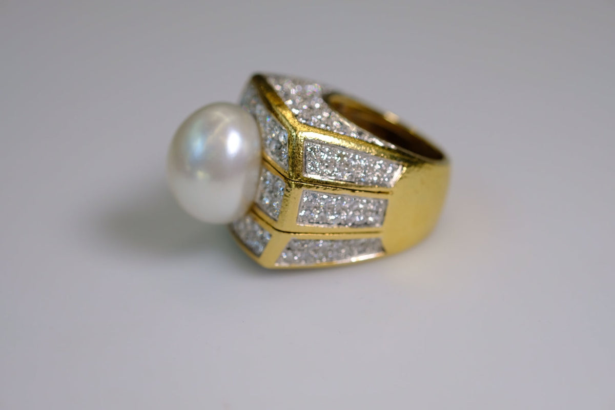 David Webb Platinum & 18K Yellow Gold Pearl And 9.00cttw Diamond Ring — view 10 — Laura Milman New York