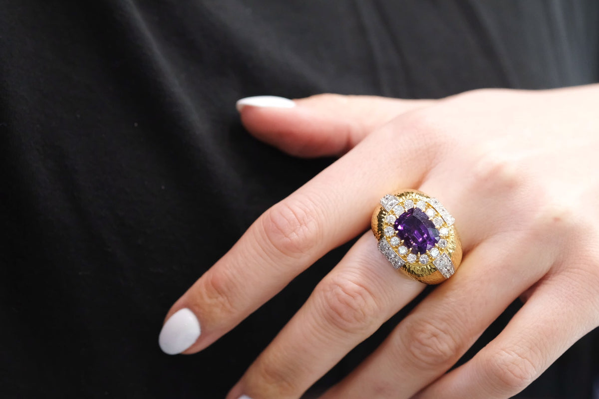 David Webb 18K Yellow Gold Oval Amethyst And Diamond Hammered Finish Ring — view 5 — Laura Milman New York