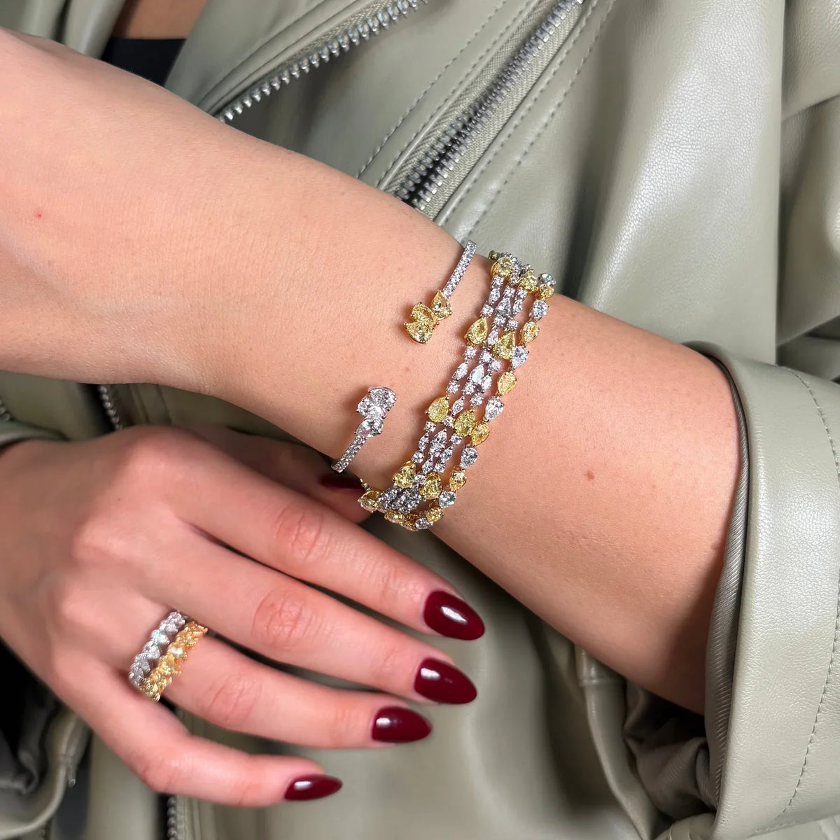 13.47ctw Yellow & White Pear Diamond Triple Row Bracelet — view 3 — Laura Milman New York