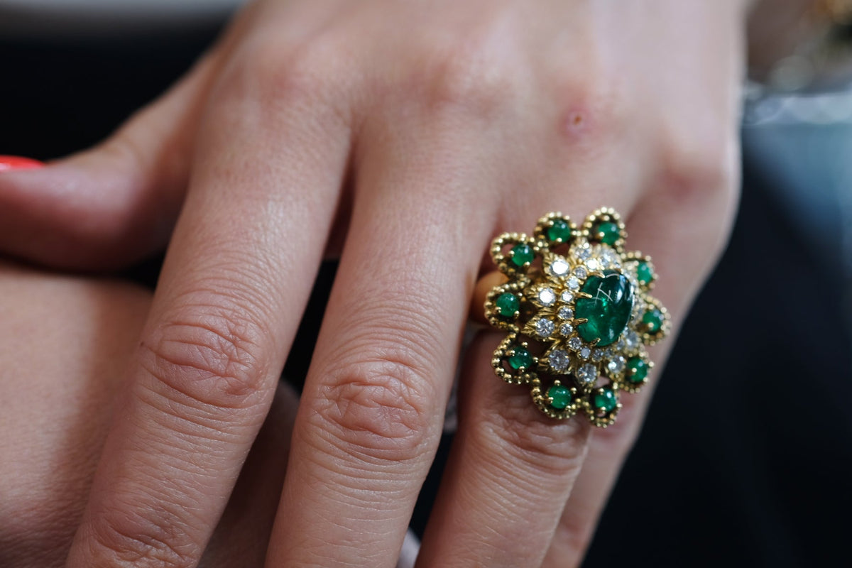 David Webb 18K Yellow Gold Green Emerald Diamond Flower Ring — view 7 — Laura Milman New York