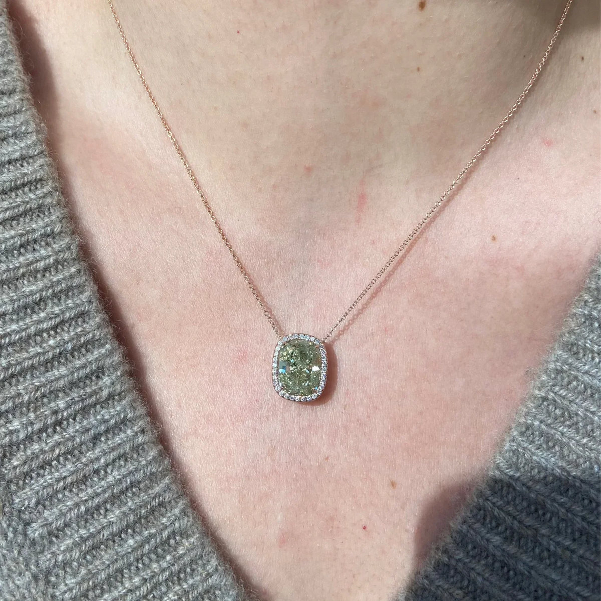 5.83ct Fancy Grayish Yellowish Green Cushion Diamond Pendant GIA — view 2 — Laura Milman New York