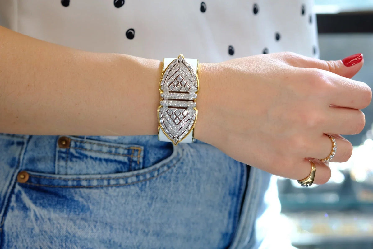 David Webb Platinum & 18K Yellow Gold White Enamel Shield Diamond Clips Cuff Bracelet — view 10 — Laura Milman New York