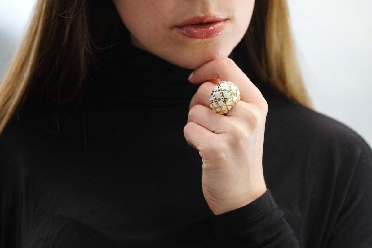 David Webb Platinum & 18K Yellow Gold White Enamel High Dome Ring — view 6 — Laura Milman New York