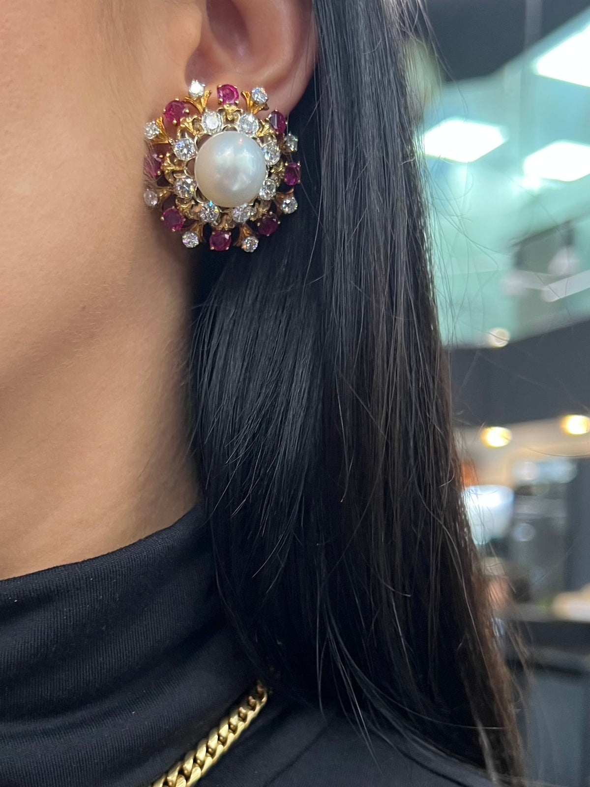 David Webb Platinum Pearl, Diamond & Ruby Earrings — view 9 — Laura Milman New York