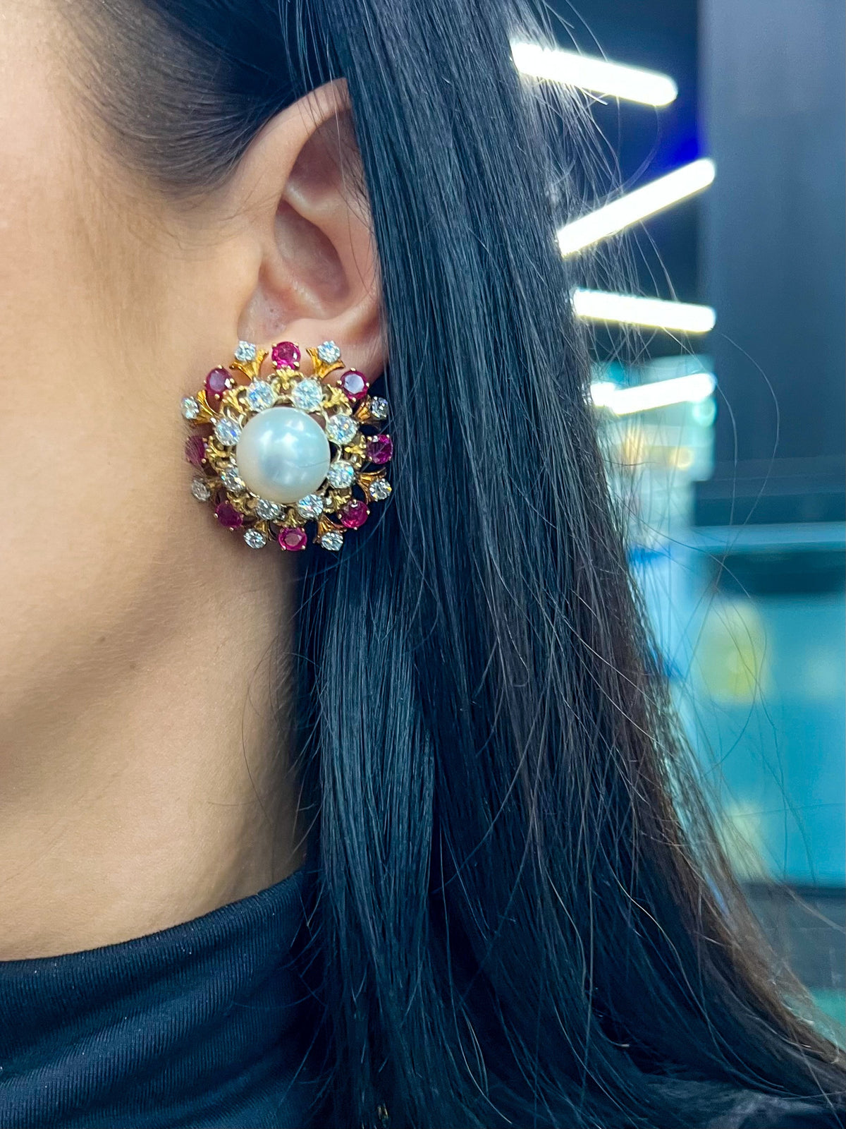 David Webb Platinum Pearl, Diamond & Ruby Earrings — view 10 — Laura Milman New York