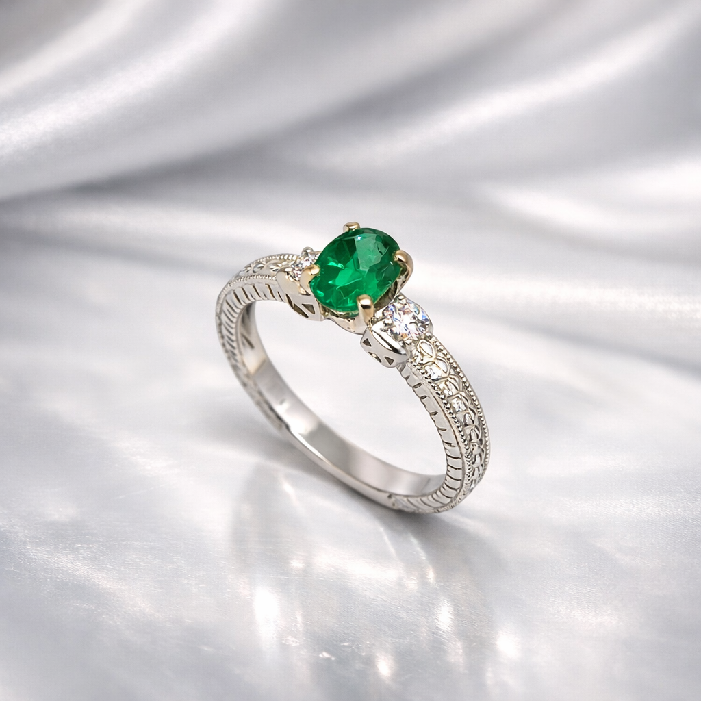 Green Emerald & Diamond Vintage Style Engagement Ring - Laura Milman New York