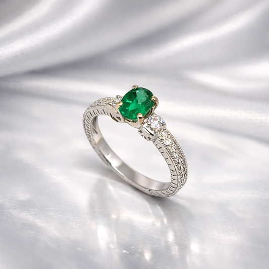 Green Emerald & Diamond Vintage Style Engagement Ring - Laura Milman New York