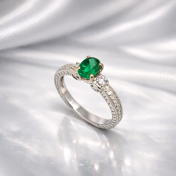 Green Emerald & Diamond Vintage Style Engagement Ring - Laura Milman New York