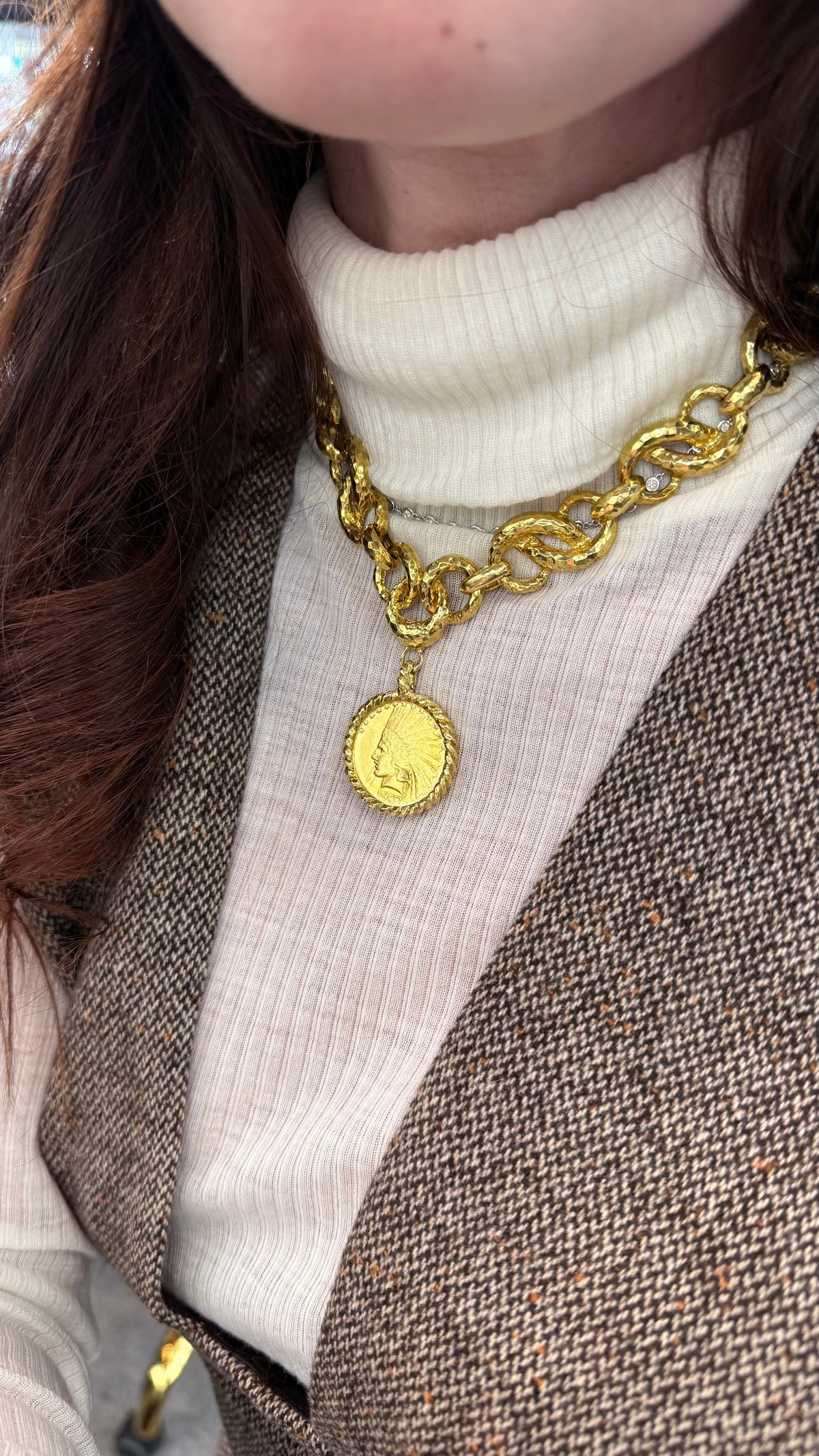 David Webb Coin Platinum & 18K Yellow Gold Hammered Coin Necklace — view 7 — Laura Milman New York