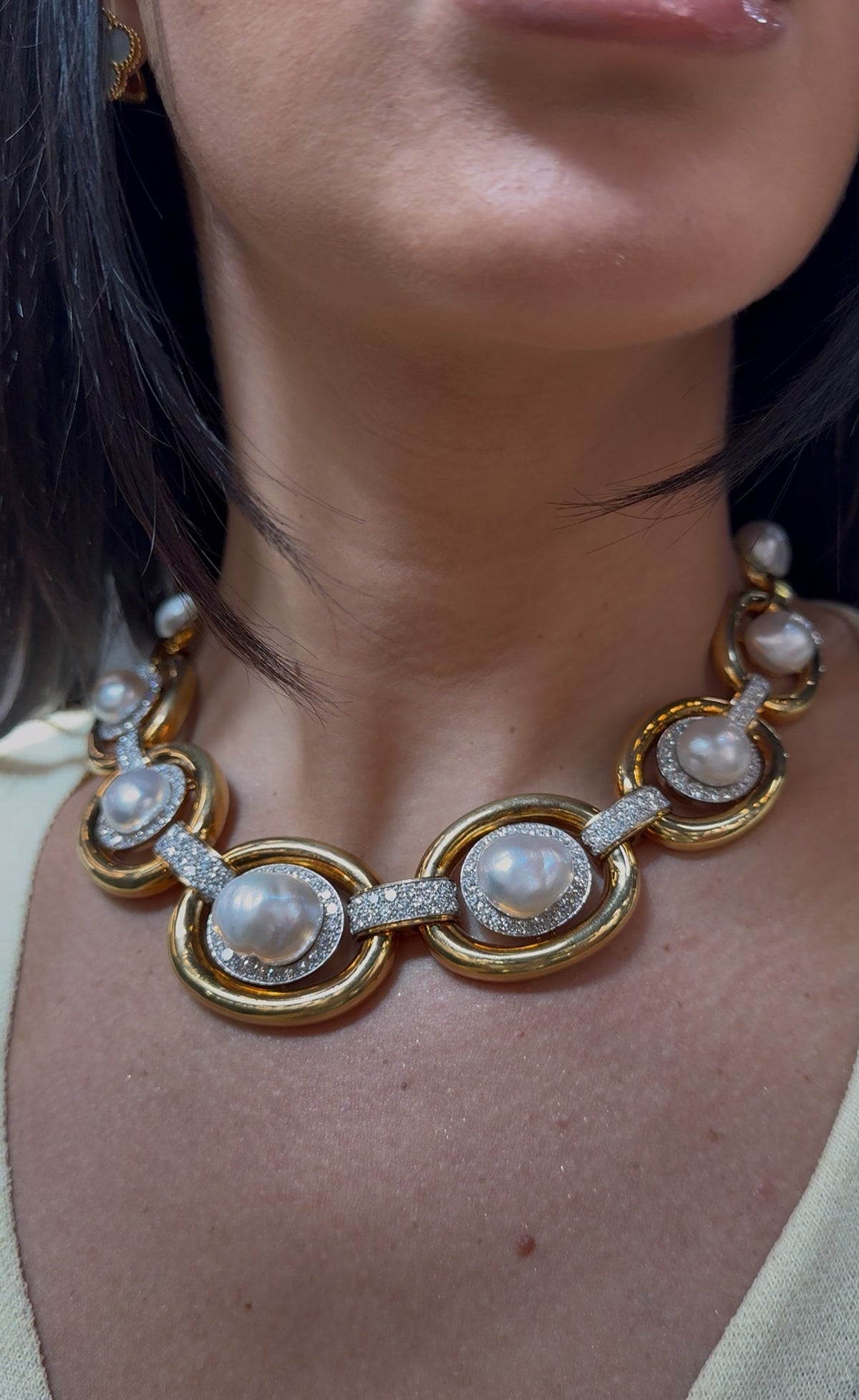 David Webb Pearl Platinum & 18K Yellow Gold Baraque Pearl And Diamond Collar Necklace — view 5 — Laura Milman New York