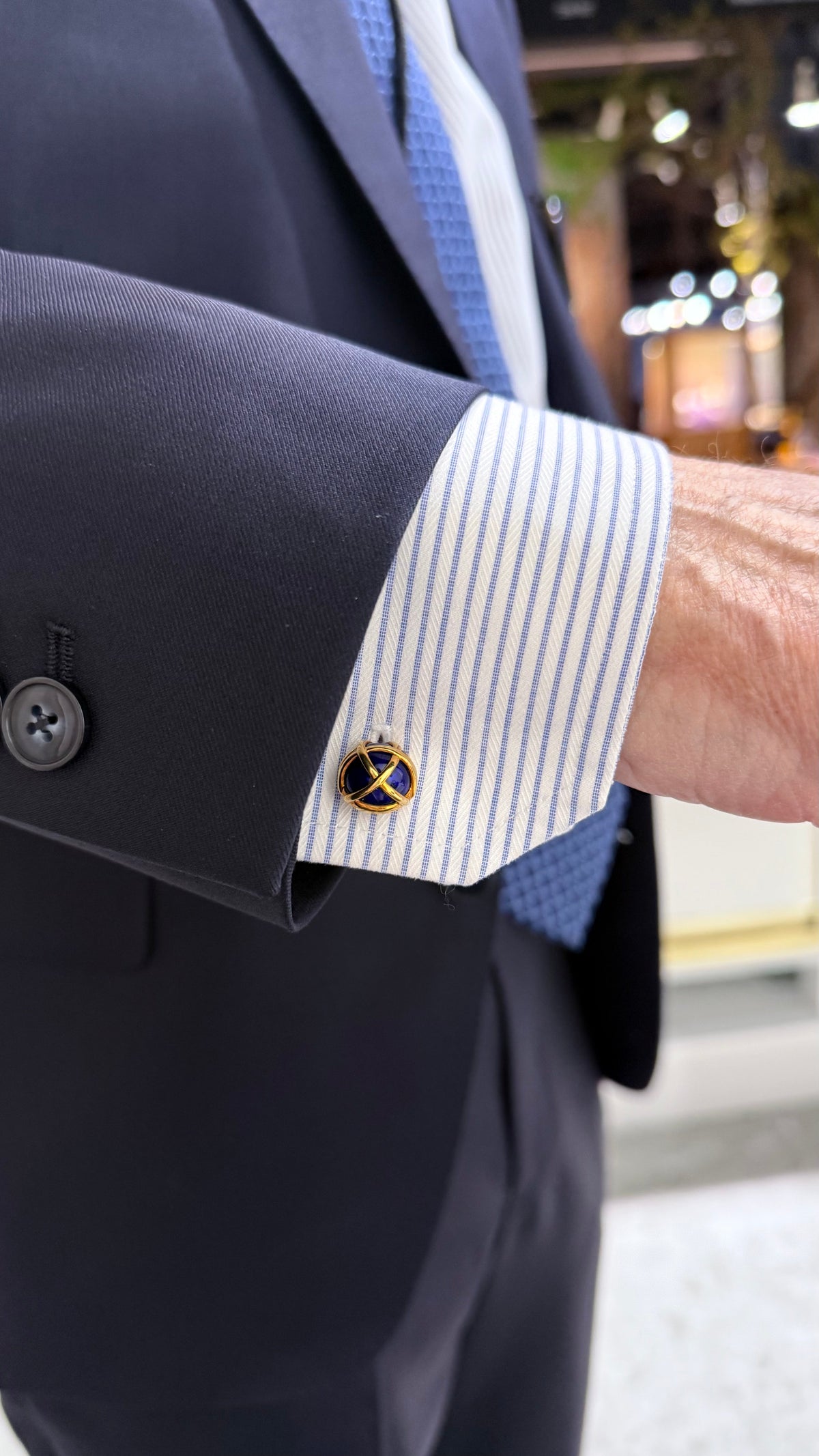 Tiffany & Co. Schlumberger Platinum & 18K Yellow Gold Blue Enamel Cuff Links — view 3 — Laura Milman New York