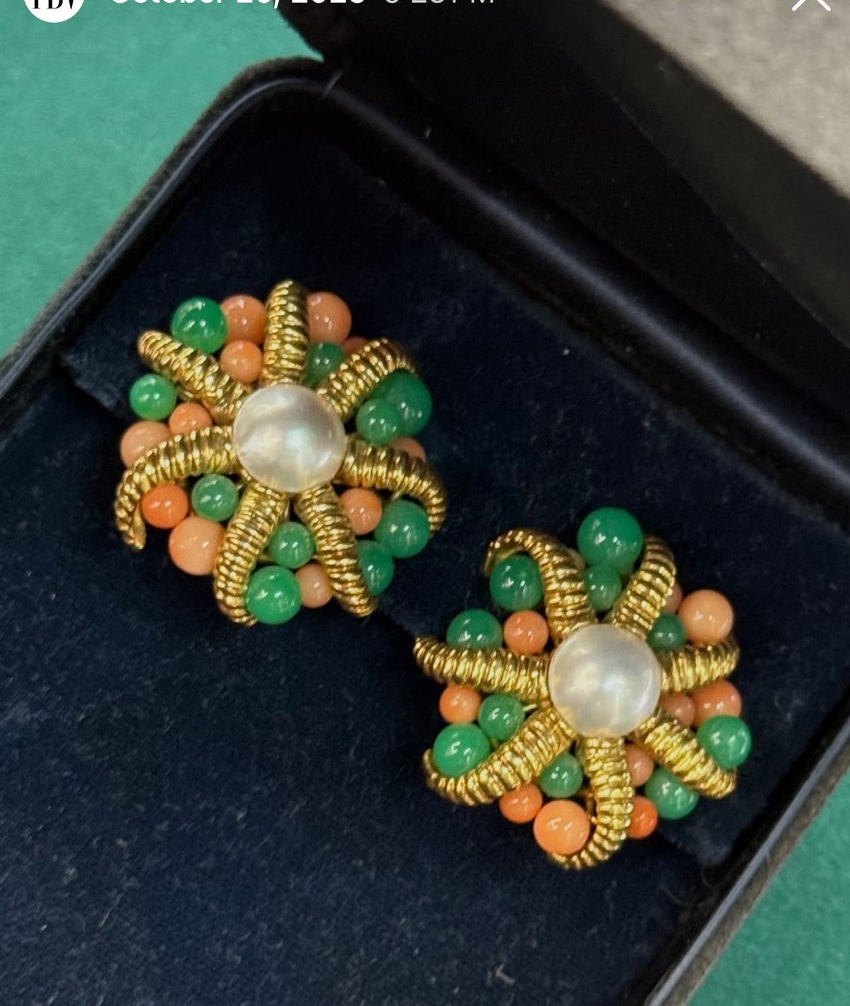 Tiffany & Co. 18K Yellow Gold Cultured Pearl Coral And Chrysoprase Clip-On Earrings — view 2 — Laura Milman New York