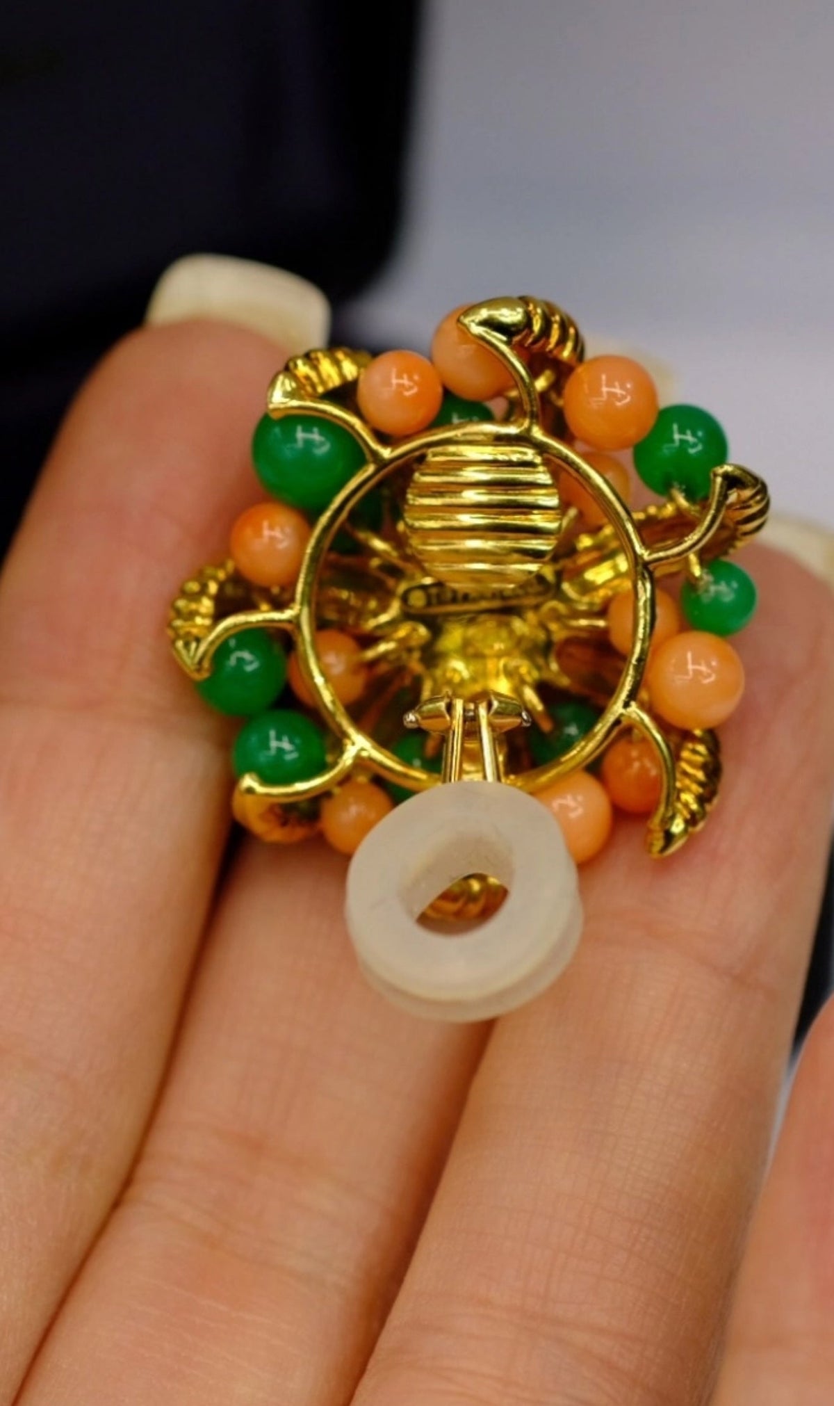 Tiffany & Co. 18K Yellow Gold Cultured Pearl Coral And Chrysoprase Clip-On Earrings — view 5 — Laura Milman New York