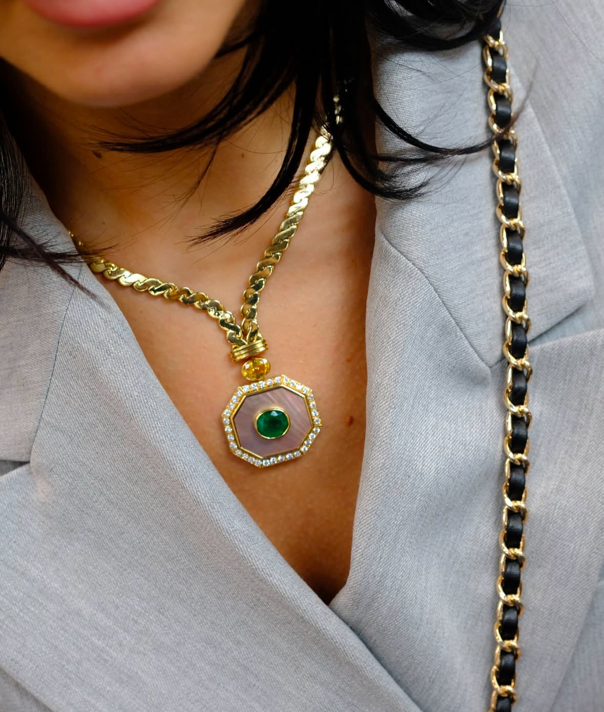 Van Cleef & Arpels 18K Yellow Gold Green Emerald, Yellow Sapphire, Mother Of Pearl Necklace — view 6 — Laura Milman New York