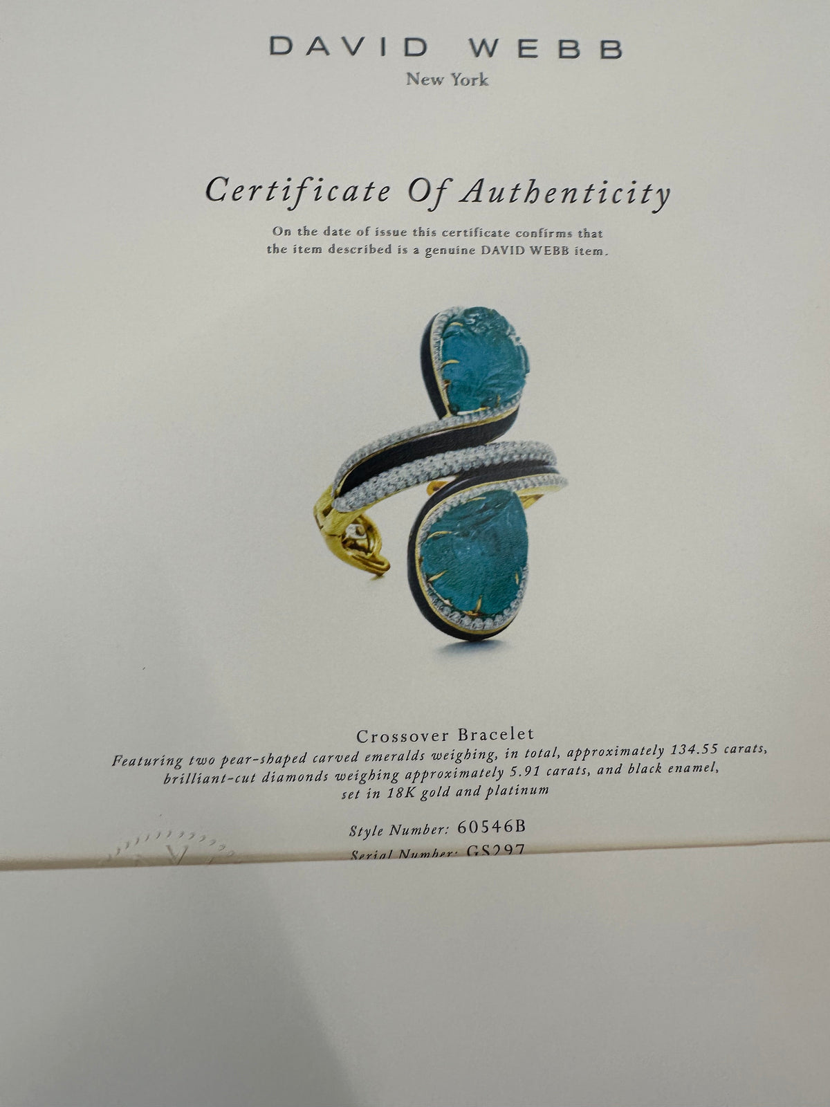 David Webb Crossover Platinum & 18K Yellow Gold Carved Emerald And Diamond Bracelet — view 5 — Laura Milman New York
