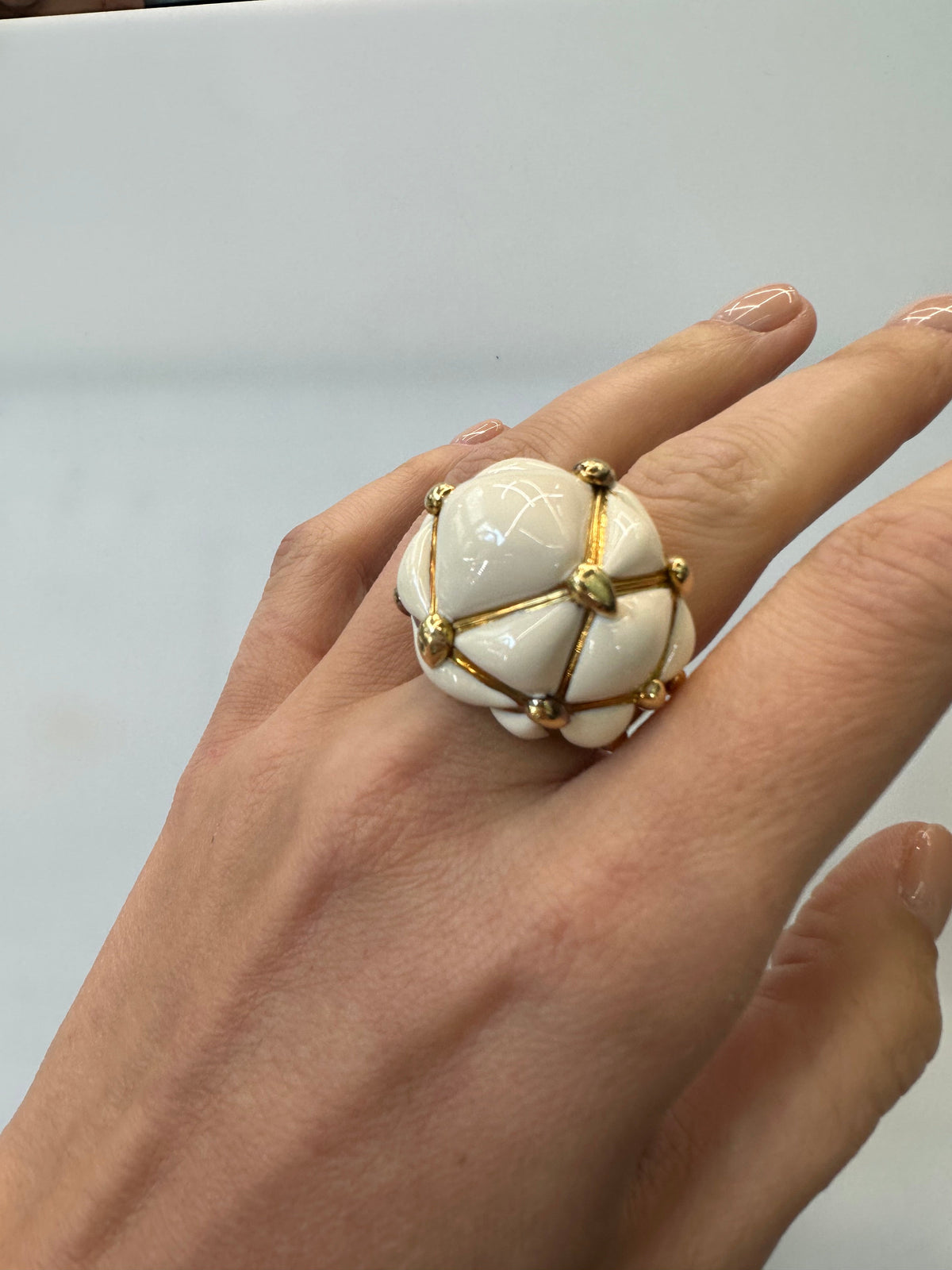 David Webb Platinum & 18K Yellow Gold Dome Off White Enamel Cream Criss Cross Cocktail Ring — view 3 — Laura Milman New York