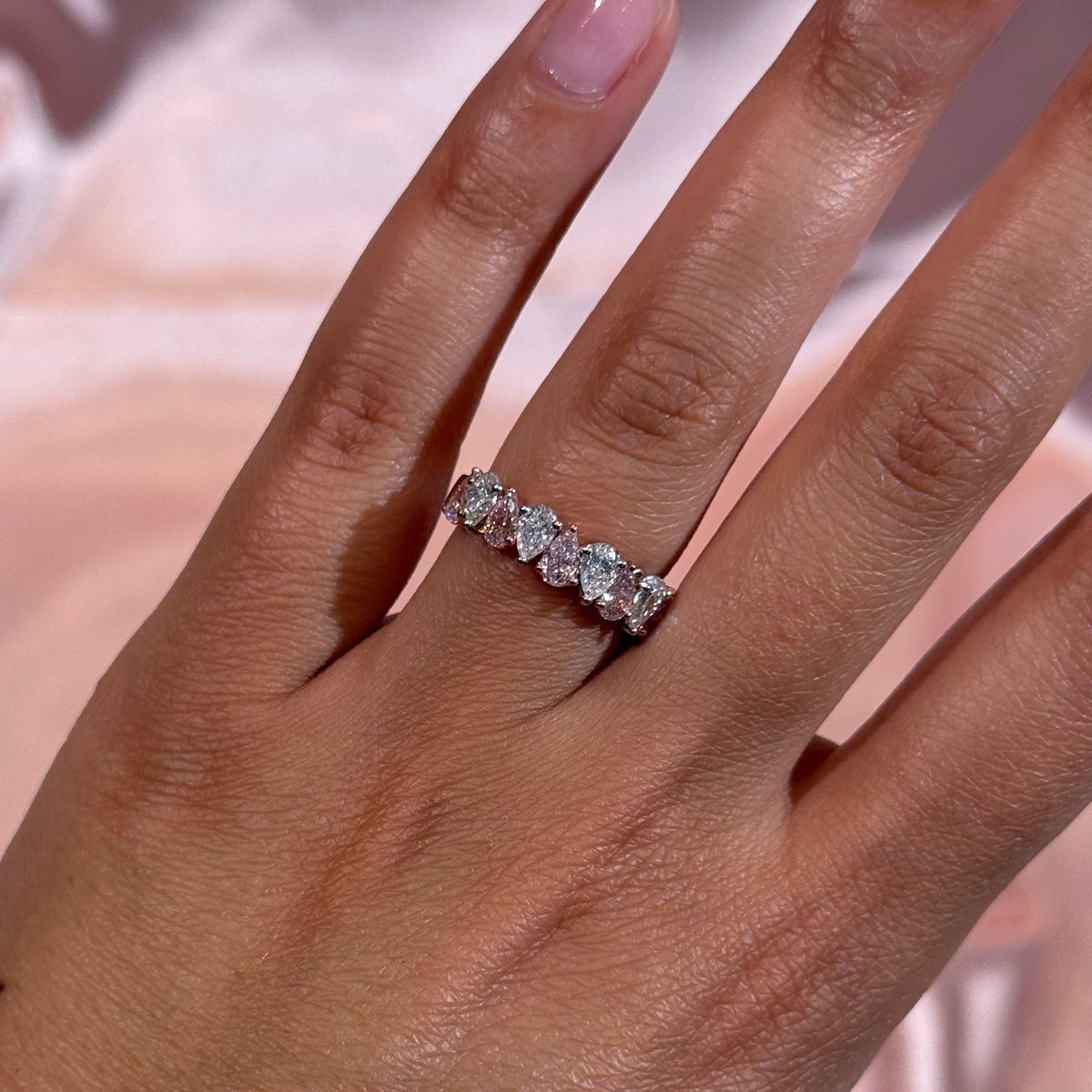 1.88ctw Alternating Pink & White Pear Diamond Halfway Band — view 2 — Laura Milman New York