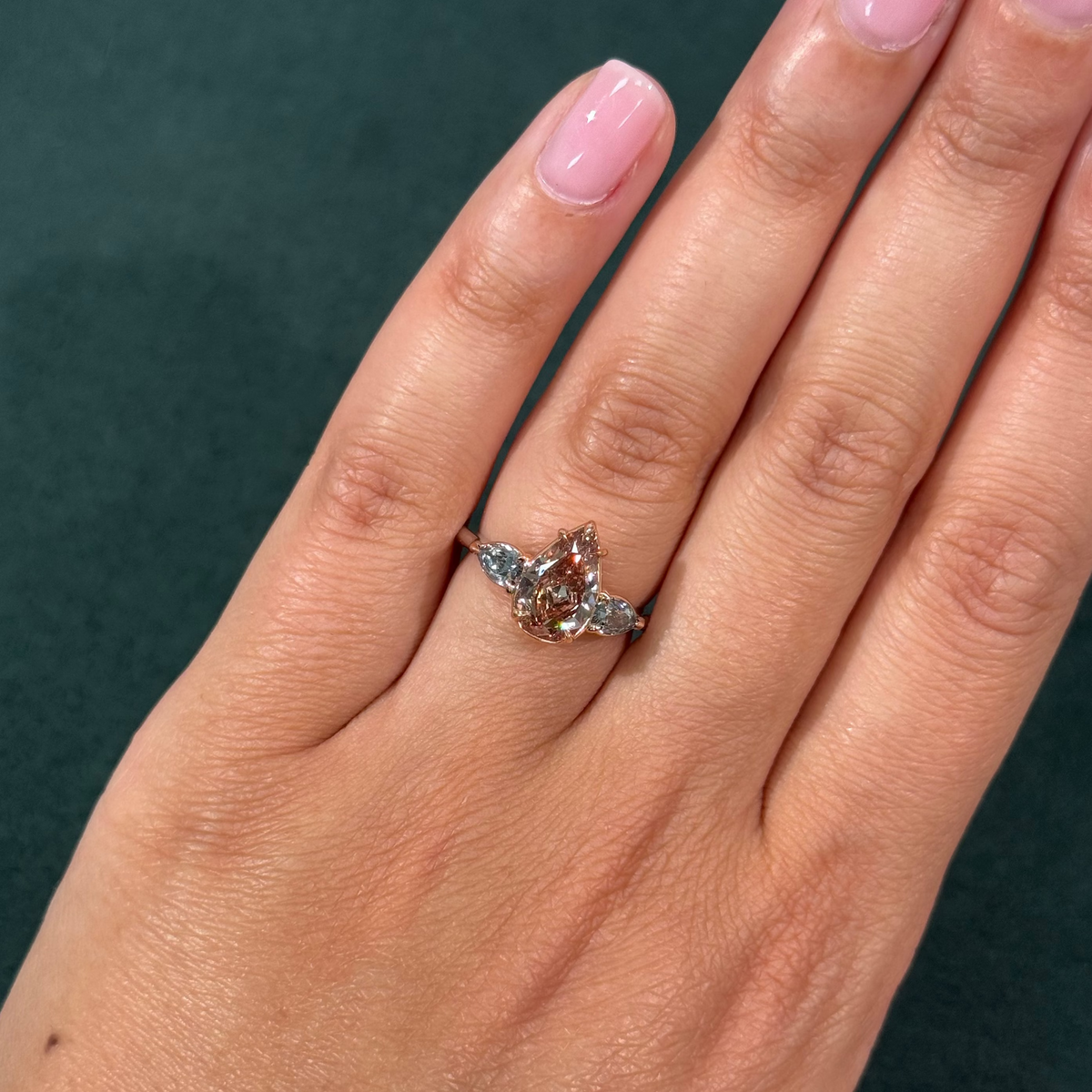2.22ct Fancy Deep Brown-Pink Pear Diamond VS2 GIA Ring with Blue Diamond Sides — view 7 — Laura Milman New York