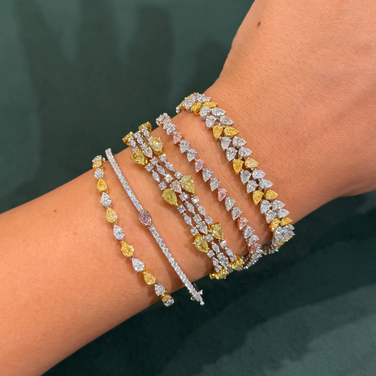 13.47ctw Yellow & White Pear Diamond Triple Row Bracelet — view 4 — Laura Milman New York